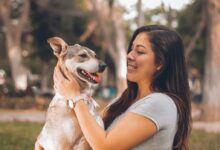 woman playing with dog
