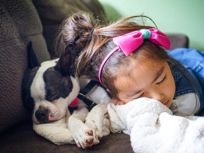 girl sleeping beside a dog on the sofa