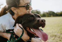 woman hugging a dog