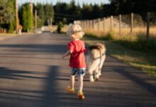 boy in red shirt running on road during daytime