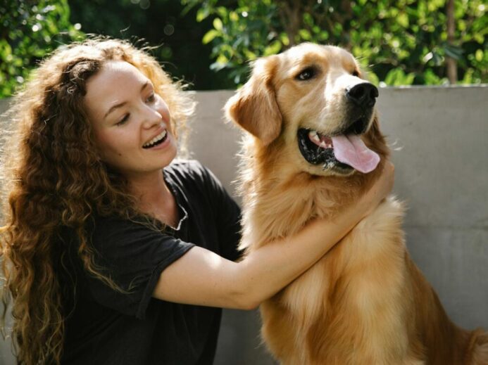 Positive adult lady in casual clothes petting fluffy Golden Retriever dog near stone fence and trees with green foliage in summer sunny day