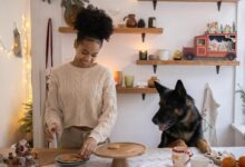 A joyful woman baking cookies with her German Shepherd in a festively decorated kitchen.