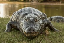 A detailed close-up of a wild alligator resting by the riverbank in its natural environment.