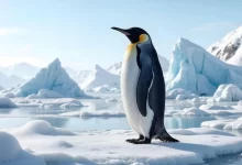 Tučňák stojící na ledové ploše