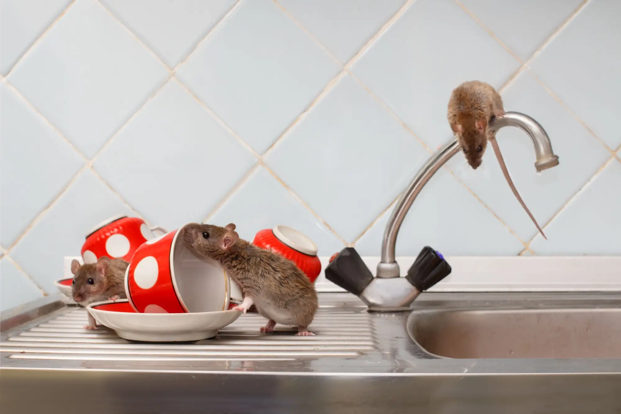 Tři mladí potkani (Rattus norvegicus) a červené hrnky na umyvadle v bytovém domě na pozadí vodovodní baterie v kuchyni