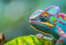 Detailní záběr na krásně zbarveného chameleona