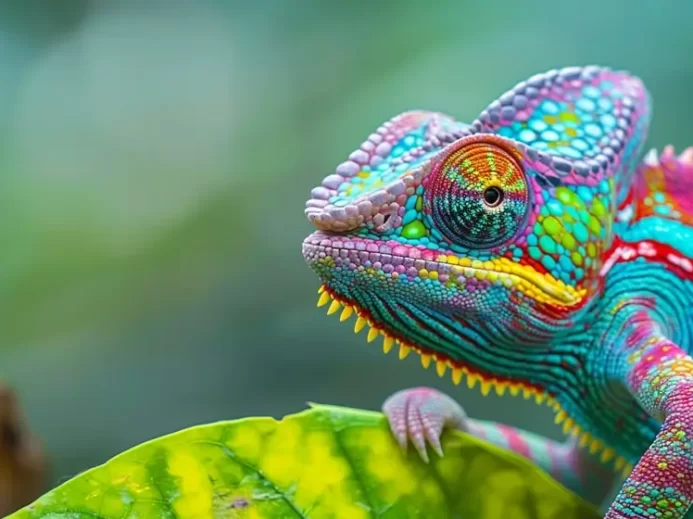 Detailní záběr na krásně zbarveného chameleona