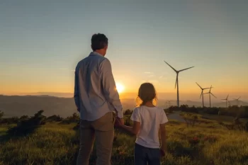 Muž s chlapcem se dívají na větrné elektrárny v západu slunce