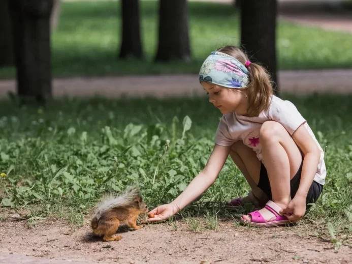 Dívka krmí veverku z ruky